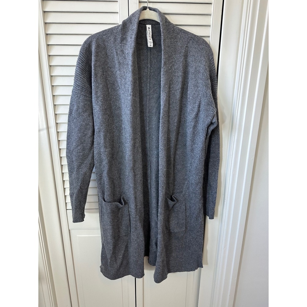 Athleta Womens XS Gray Open Front Longline Cardigan Sweater Ribbed Pocket Slit